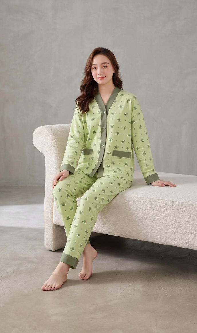Olve Green Multi Hearts Printed V-Neck Button PJ Set For Her