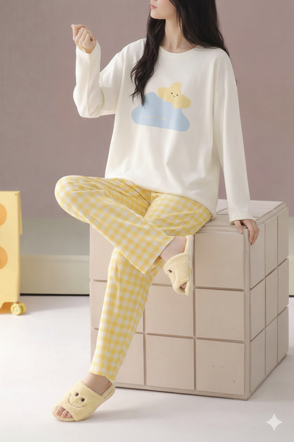 Off White Cloud & Stars Printed Full Sleeves PJ Set For Her