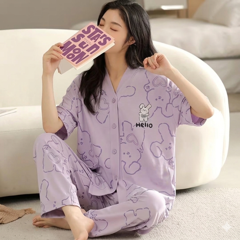 Lilac Love Bunny Printed Half Sleeves V-Neck Button Printed PJ Set For Her
