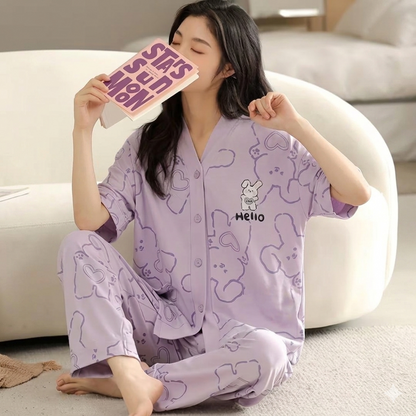 Lilac Love Bunny Printed Half Sleeves V-Neck Button Printed PJ Set For Her