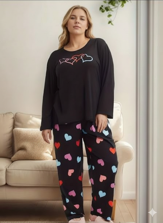 Black Multi Hearts Printed Full Sleeves PJ Set For Her
