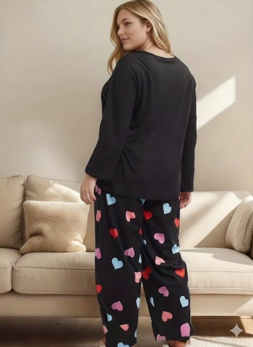 Black Multi Hearts Printed Full Sleeves PJ Set For Her
