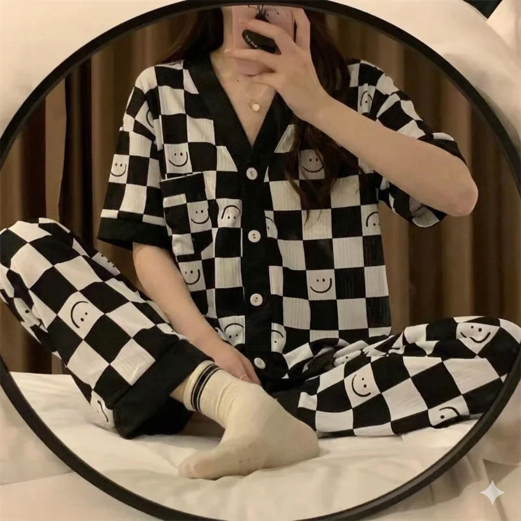 Off White with Black Cheq Smiley Printed Half Sleeves V-Neck Button Printed PJ Set For Her
