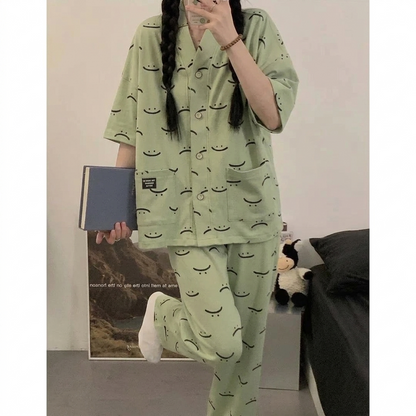 Green Smiley V-Neck Button Half Sleeves Printed PJ Set For Her