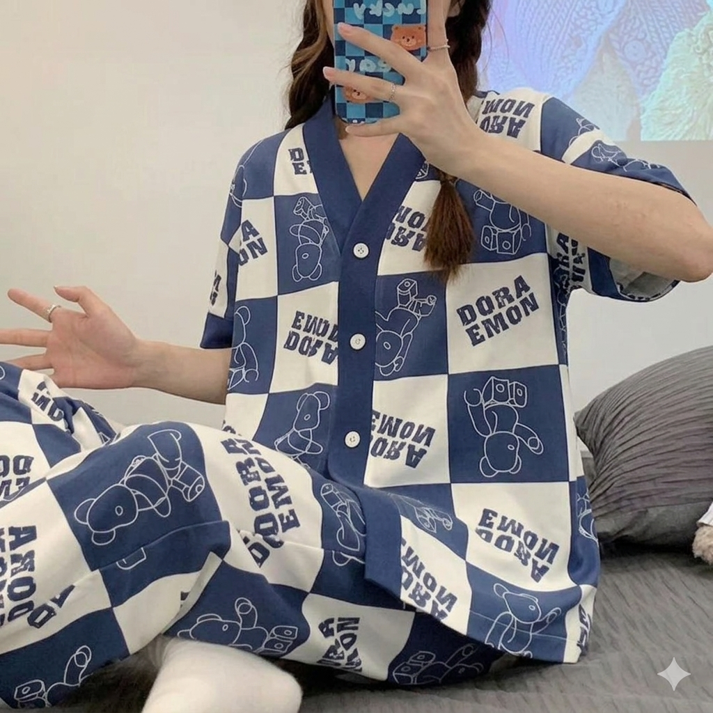 White with Blue Doraemon Printed V-Neck Button Half Sleeves Printed PJ Set For Her