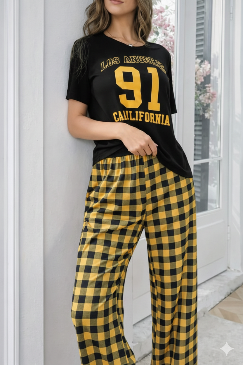 Black Los Angeles 91 Printed PJ Set For Her