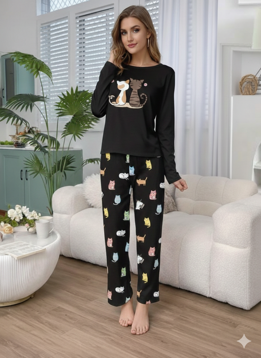 Black with White & Brown Cats Printed Full Sleeves PJ Set For Her