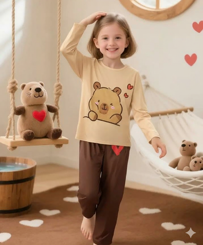 Brown Cute Bear Printed Full Sleeves Kids Suit