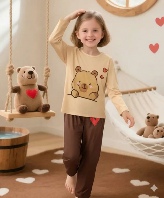 Brown Cute Bear Printed Full Sleeves Kids Suit