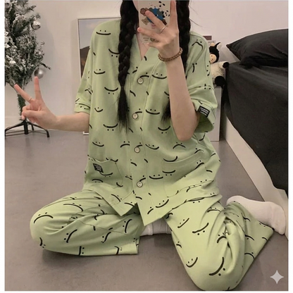 Green Smiley V-Neck Button Half Sleeves Printed PJ Set For Her