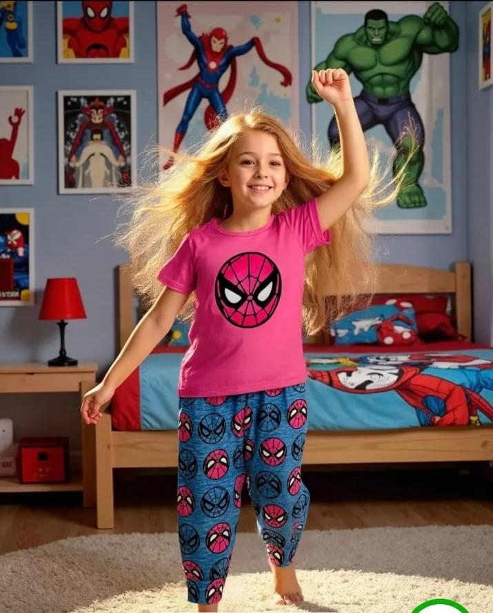 Pink Spider Girl Printed Half Sleeves Kids Suit