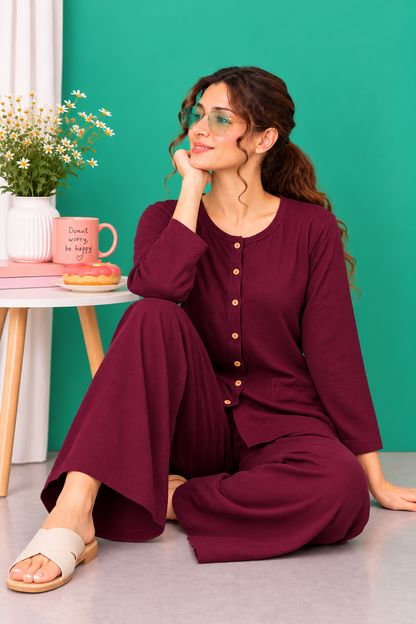 Burgundy Button Down Linen Lounge Set