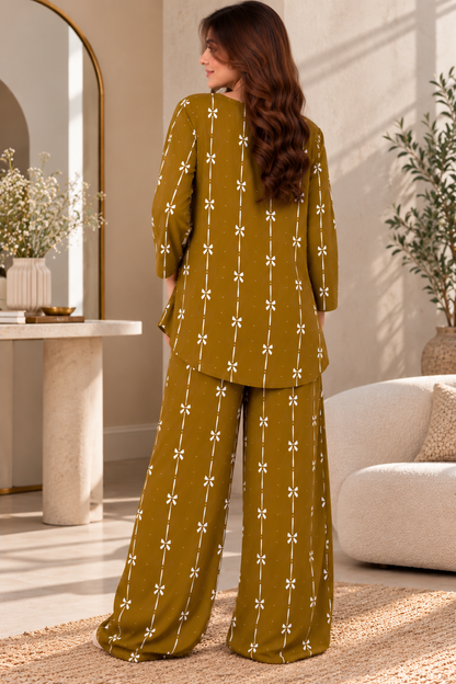 Mustard Bow Print Boski Linen PJ Set For Her