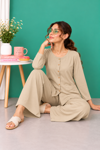 Cream Beige Button Down Linen Lounge Set