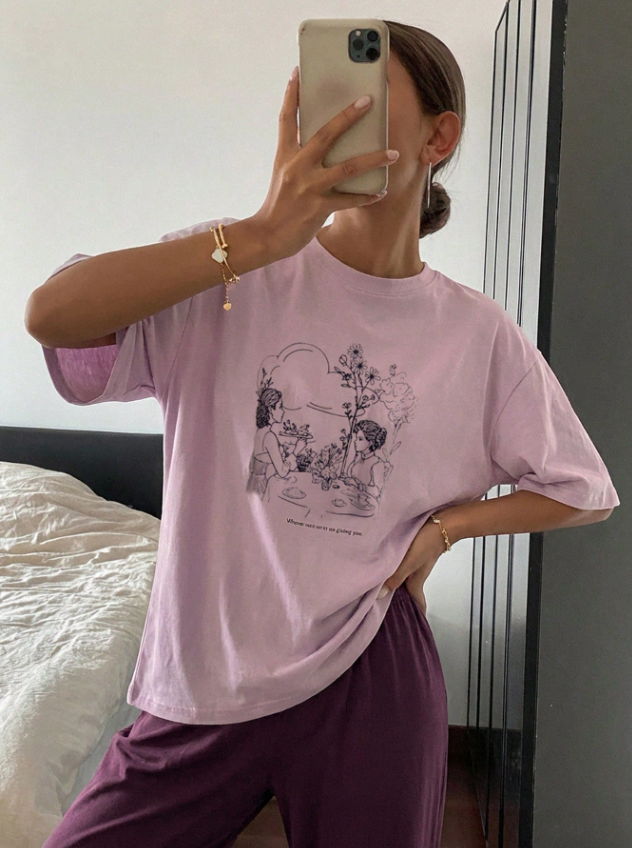 Pink Maroon Floral Girl Graphic Printed Half Sleeves PJ Set For Her