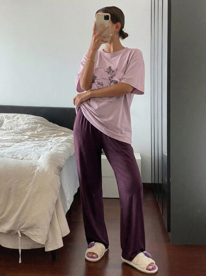 Pink Maroon Floral Girl Graphic Printed Half Sleeves PJ Set For Her