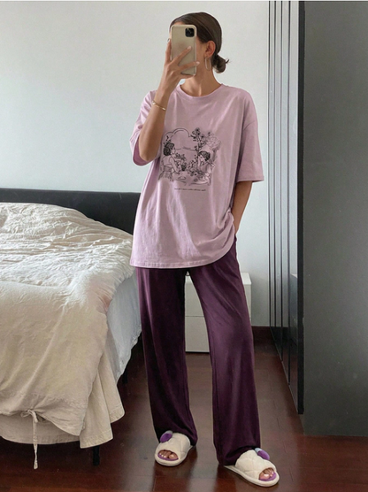 Pink Maroon Floral Girl Graphic Printed Half Sleeves PJ Set For Her