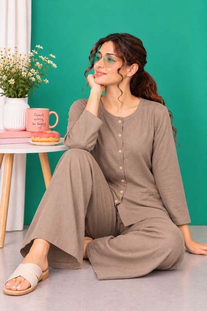 Mocha Brown Button Down Linen Lounge Set