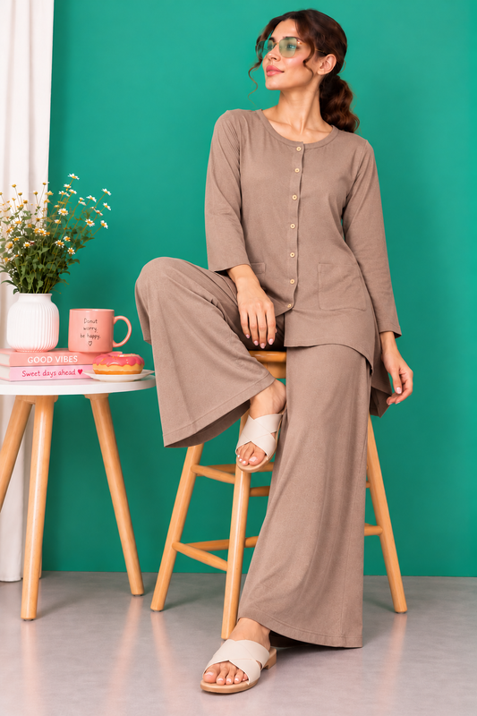 Mocha Brown Button Down Linen Lounge Set