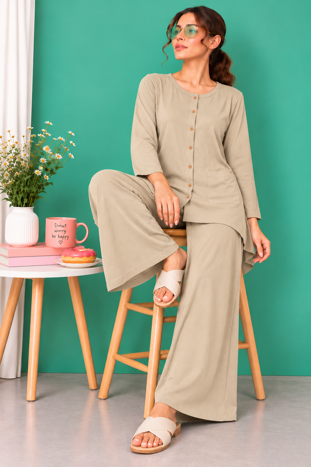 Cream Beige Button Down Linen Lounge Set