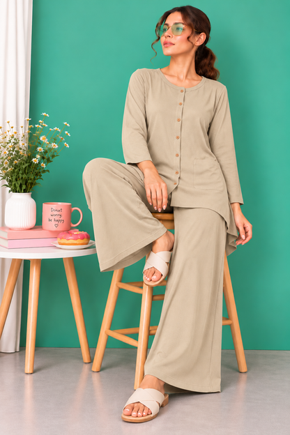 Cream Beige Button Down Linen Lounge Set