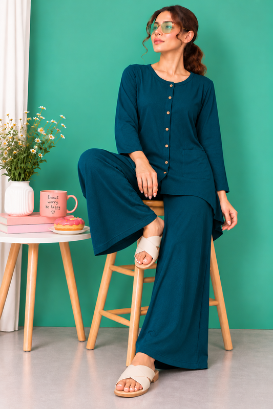 Teal Blue Button Down Linen Lounge Set