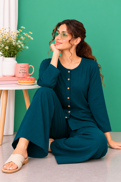 Teal Blue Button Down Linen Lounge Set