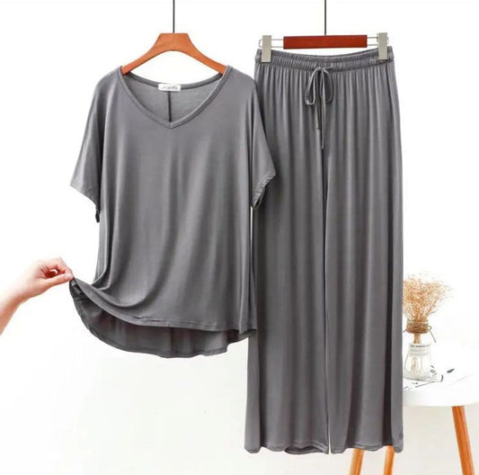 Grey V-Neck Half Sleeves Lounge Wear For Her