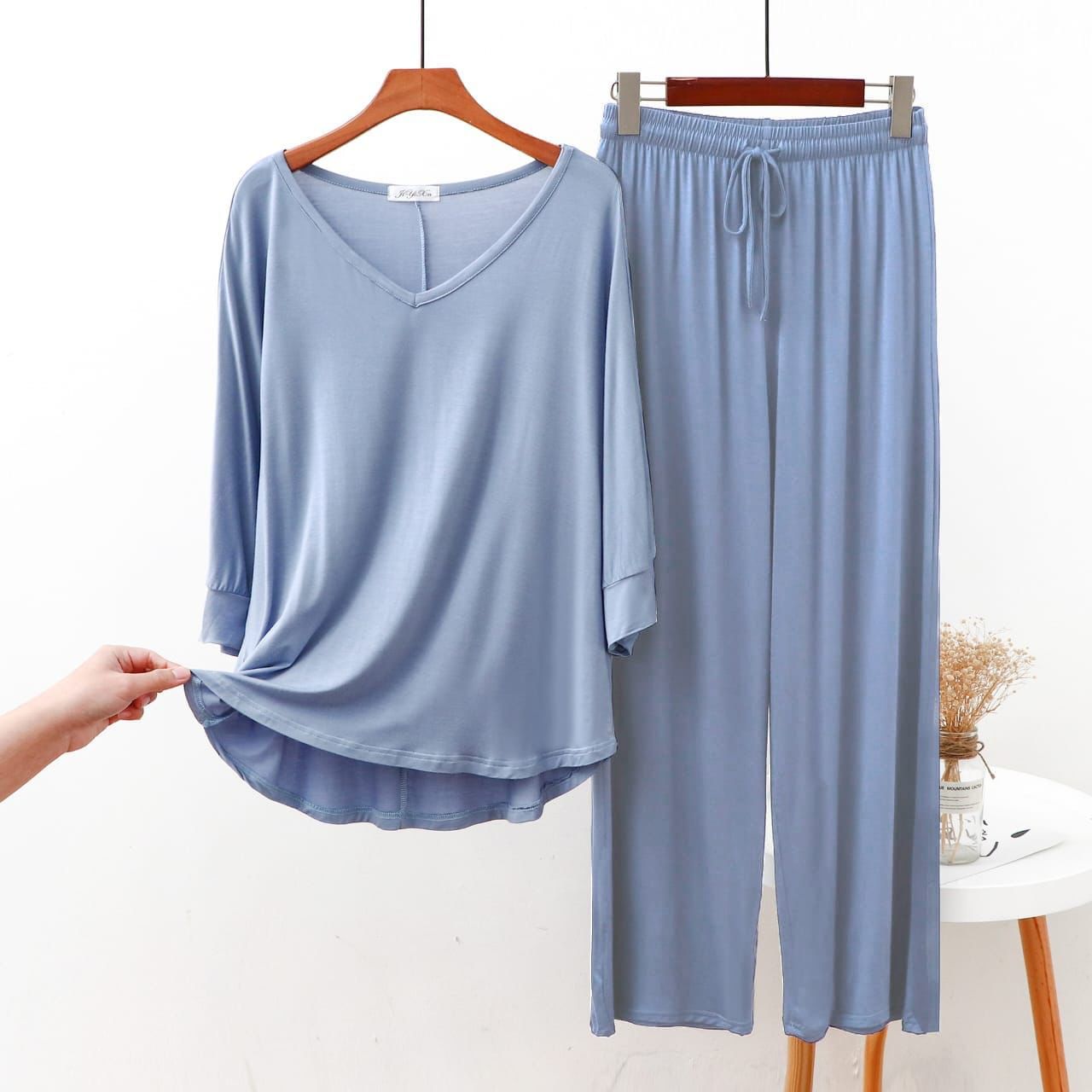 V-Neck Sky Blue Lounge Wear For Her