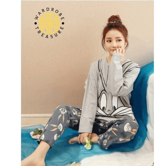 Grey Bunny Printed Casual PJ Set For Her