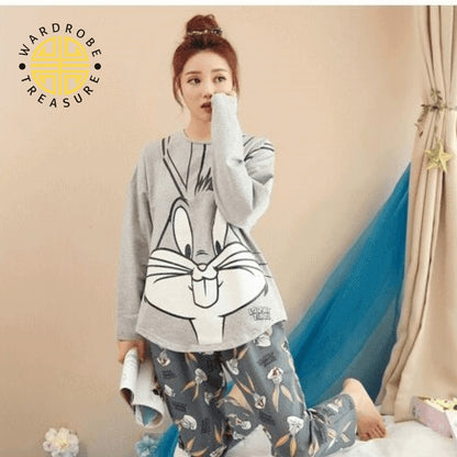 Grey Bunny Printed Casual PJ Set For Her