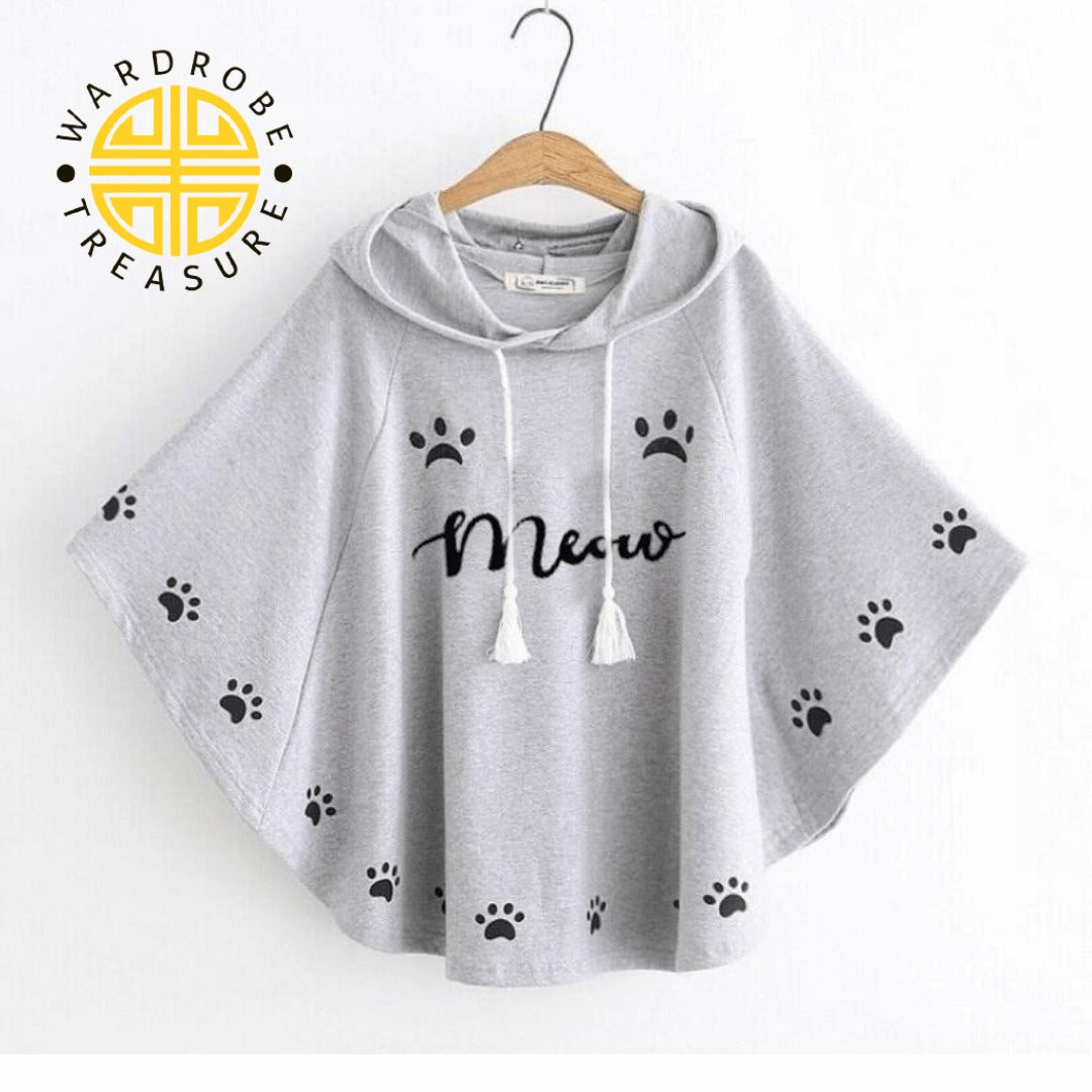 Grey Meow Printed Hood Poncho For Her