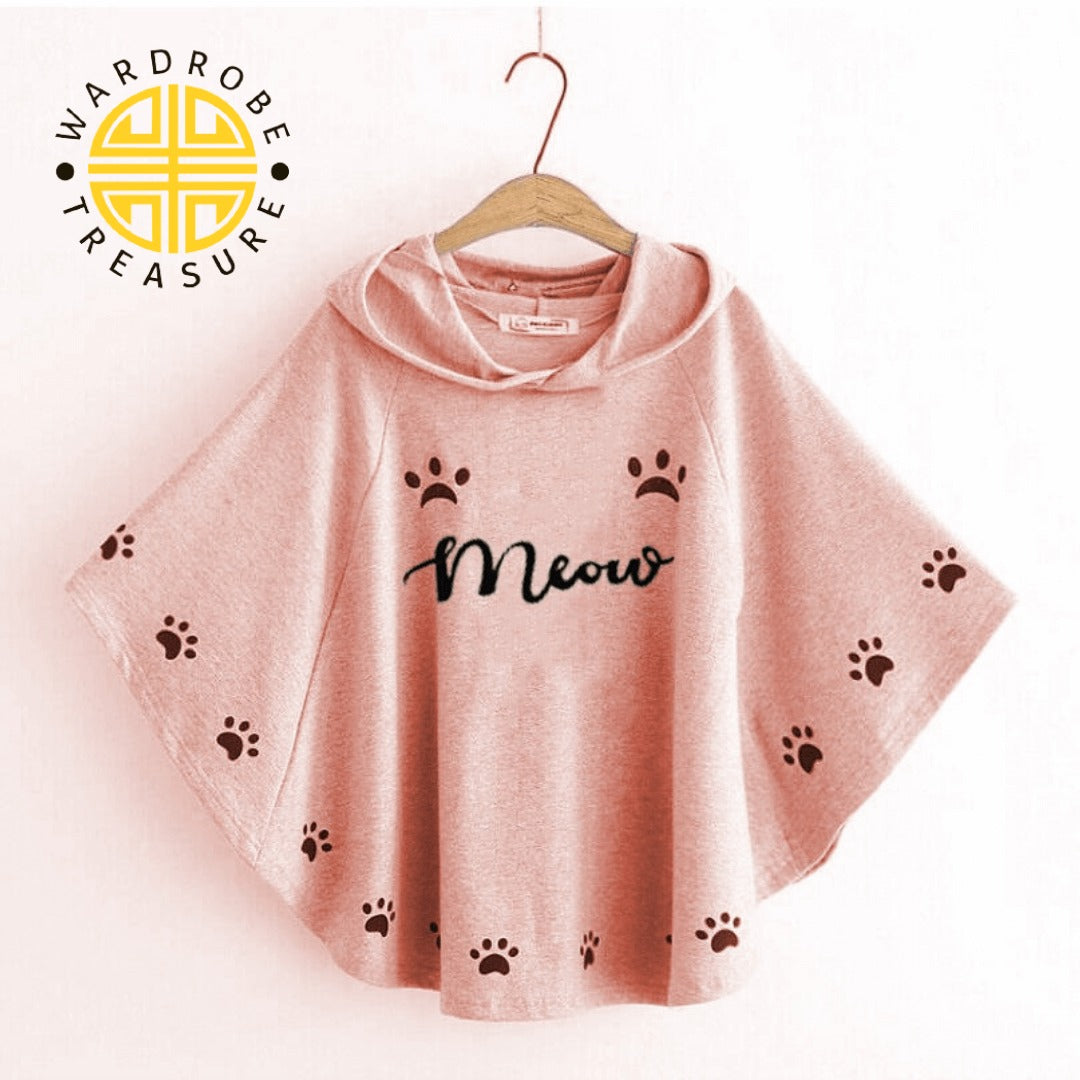 Baby Pink Meow Printed Hood Poncho For Her