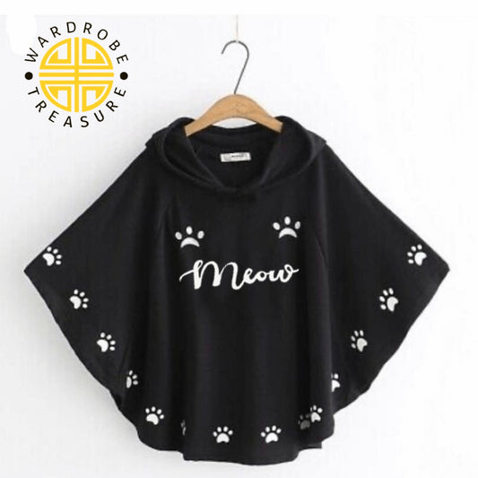 Black Meow Printed Hood Poncho For Her