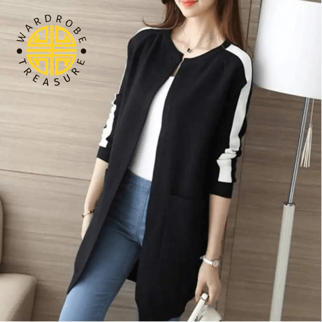 Black Stripe Long Sleeve Cardigan For Her