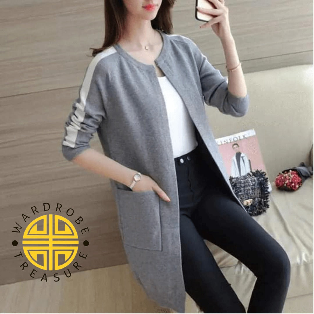 Grey Stripe Long Sleeve Cardigan For Her