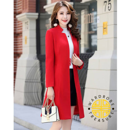 Red Casual Fleece Long Coat For Her