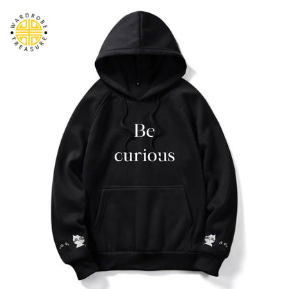 Black Be Curious Printed Hoodie For Her