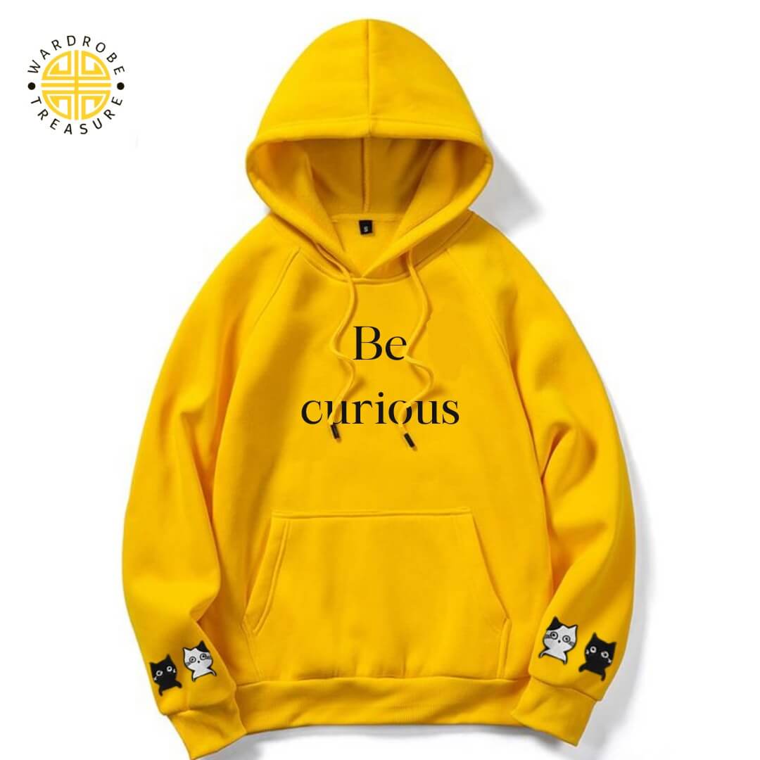 Yellow Be Curious Printed Hoodie For Her