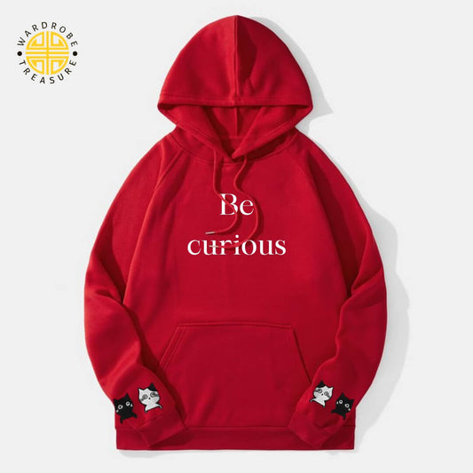 Red Be Curious Printed Hoodie For Her