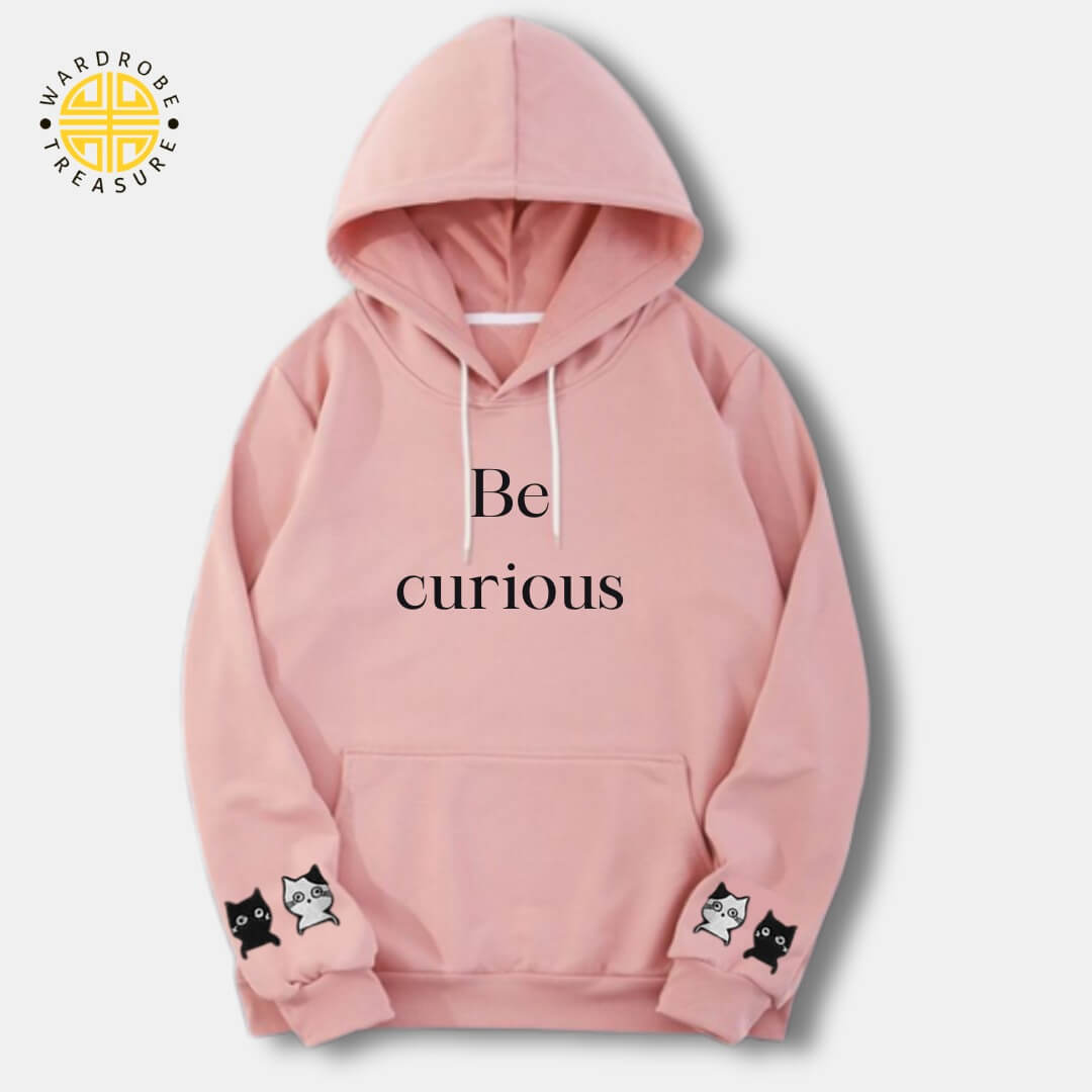 Baby Pink Be Curious Printed Hoodie For Her