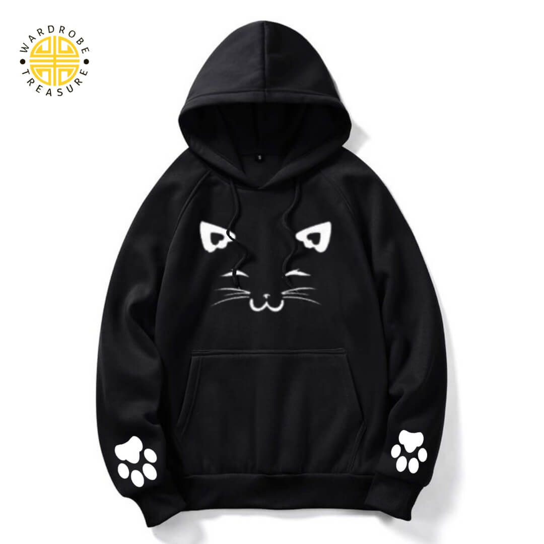 Black Meow Printed Hoodie For Her