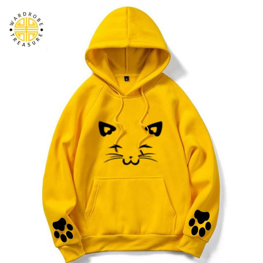 Yellow Meow Printed Hoodie For Her