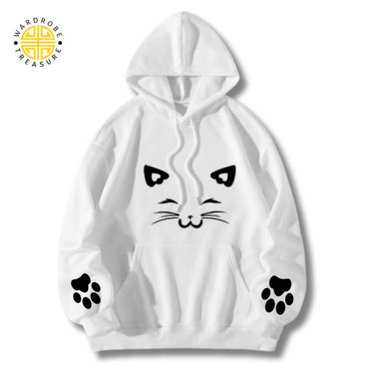 White Meow Printed Hoodie For Her