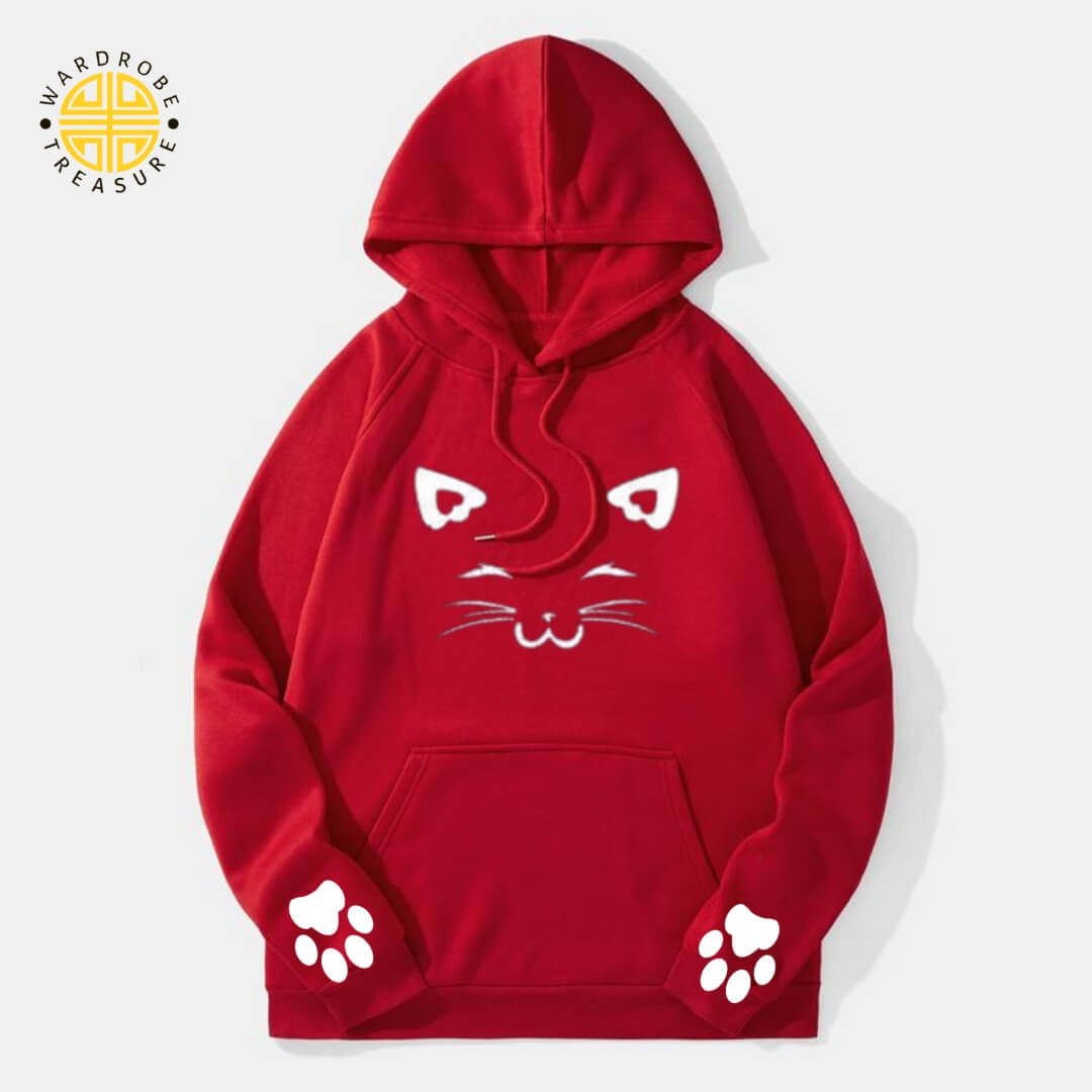 Red Meow Printed Hoodie For Her