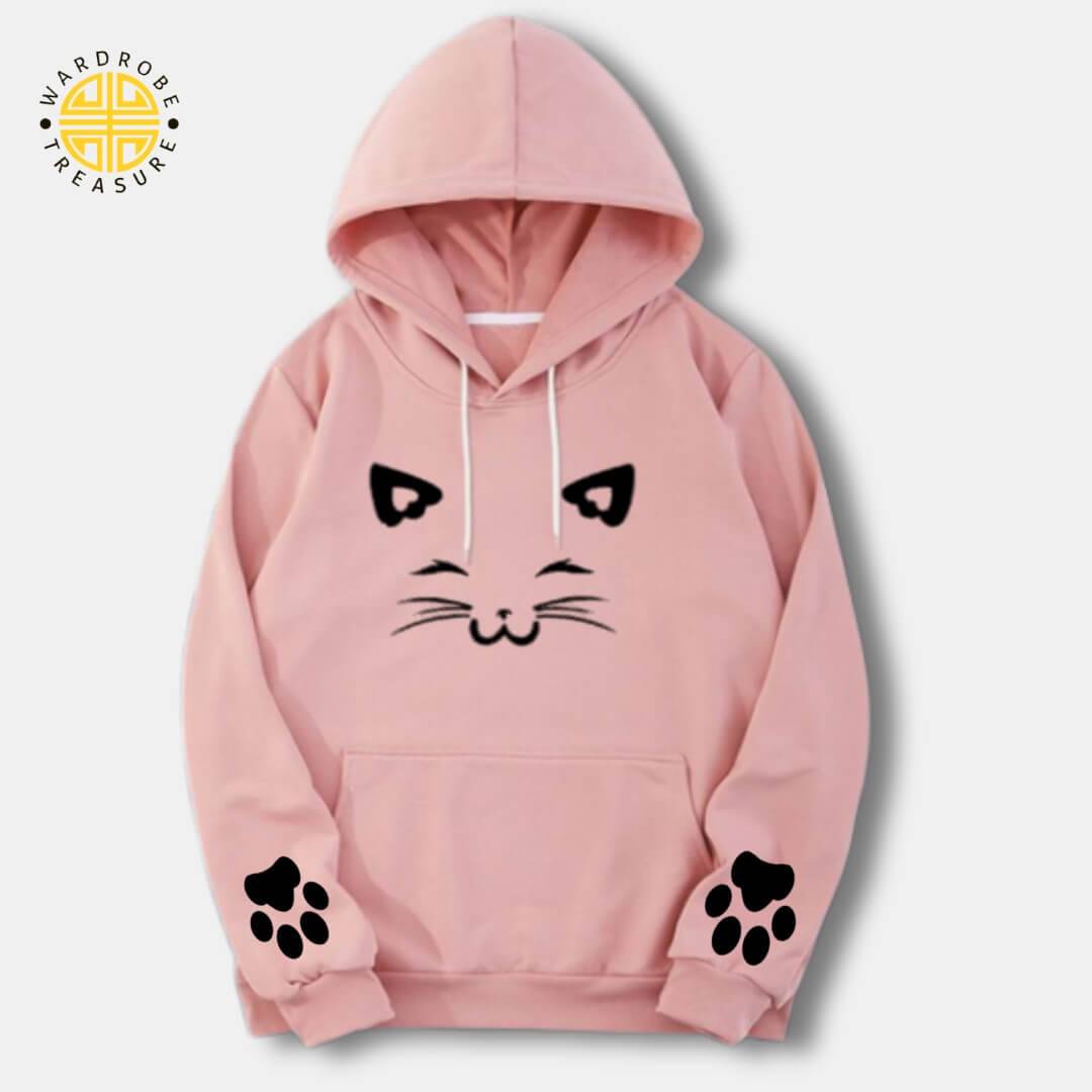 Baby Pink Meow Printed Hoodie For Her