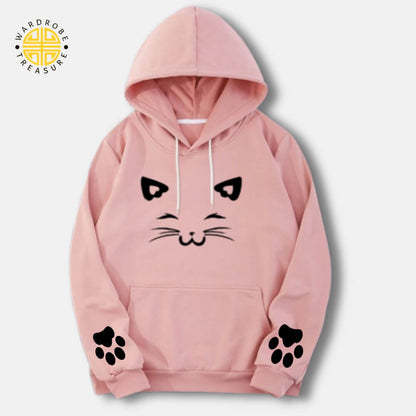 Baby Pink Meow Printed Hoodie For Her