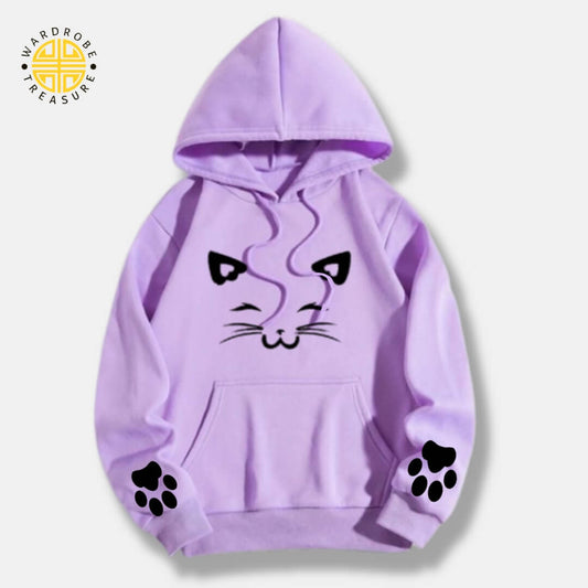 Purple Meow Printed Hoodie For Her