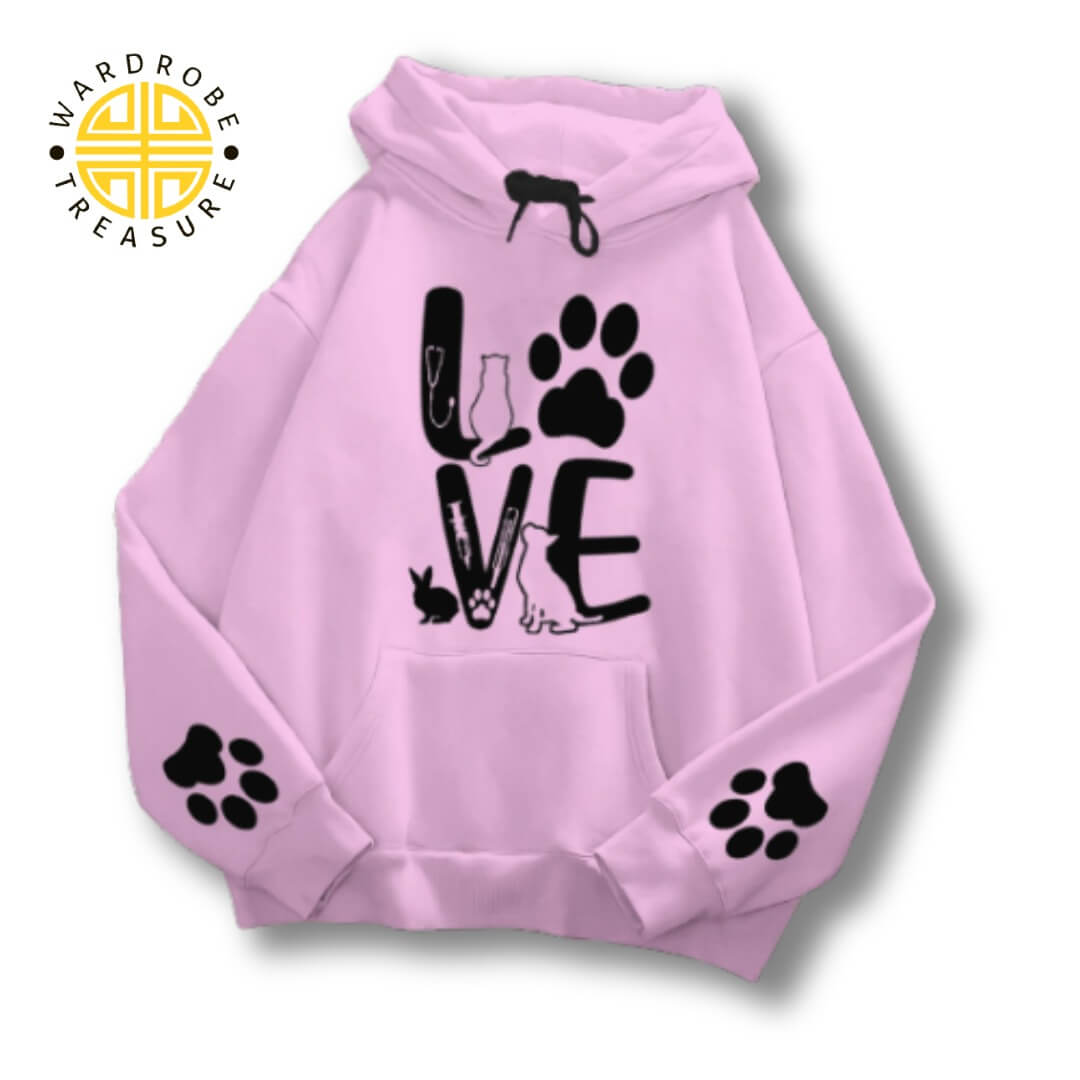 Baby Pink Love Printed Hoodie For Her