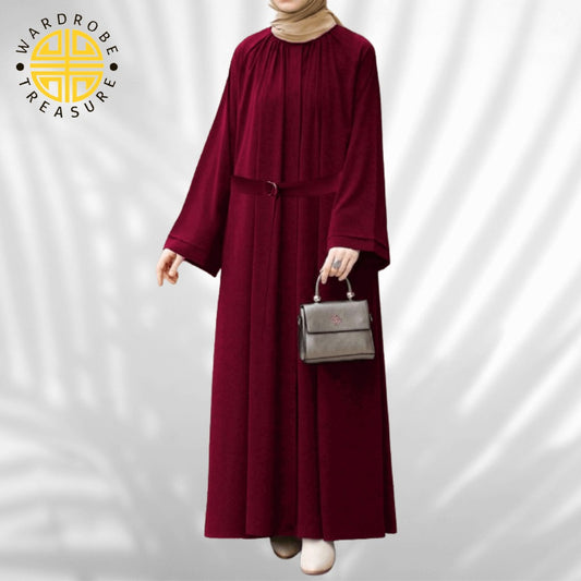 Mehroon Kaj Button Abaya with Belt & Side Pocket | Only Abaya